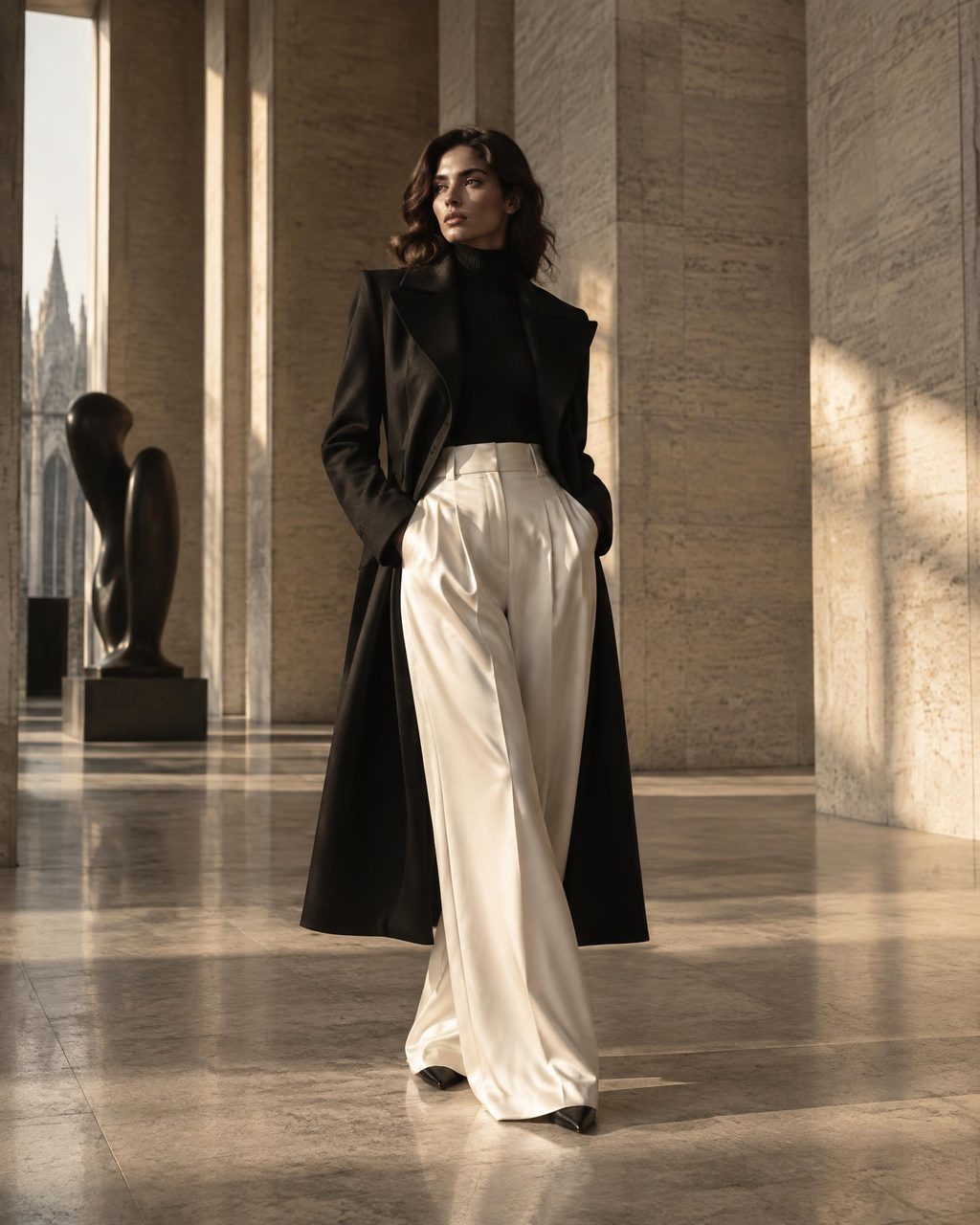Cappotto nero in un colonnato